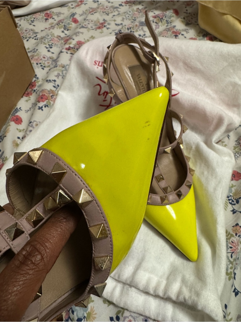 Valentino Garavani Neon Yellow and Nude Rockstud Pointed-Toe T-Strap Pumps - Picture 3 of 5